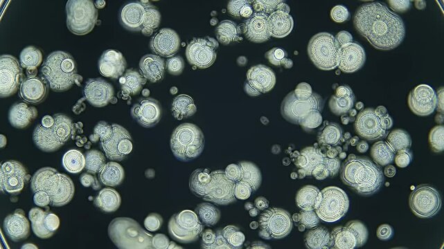 Microscopic view of spheroids against a dark field shows complex circular patterns
