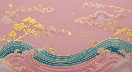 Obraz premium Pink - Gold Auspicious Clouds and Waves Chinese - Style Decorative Painting