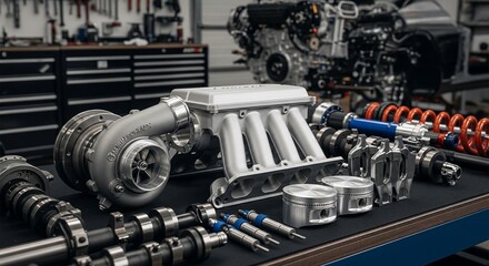 Fototapeta premium Automotive engine components displayed on a workbench in a workshop.