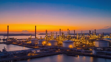 Fototapeta premium Complex oil refinery near water with dramatic sunset sky, featuring distillation towers, pipes, and tanks, representing fossil fuel production and environmental considerations energy infrastructure