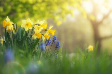 Spring Daffodils and Grape Hyacinths Blooming in a Sunny Meadow with Golden Light Creating a Dreamy Atmosphere