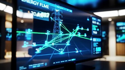 A monitor displays an energy grid with lines connecting nodes and a pylon structure - Powered by Adobe
