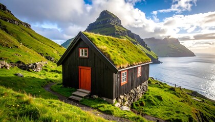 Coastal cabin with grassy roof