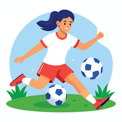 A female soccer player kicks a ball on a green field with a blue sky background.