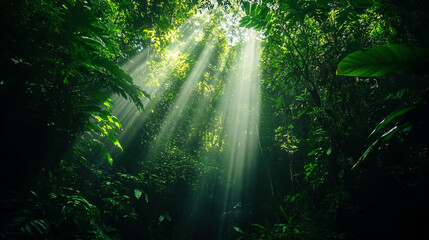 Obraz premium Sunlight pierces through the lush greenery of a hidden paradise in the rainforest canopy.