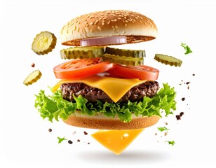Exploded Hamburger with Flying Ingredients on White Background