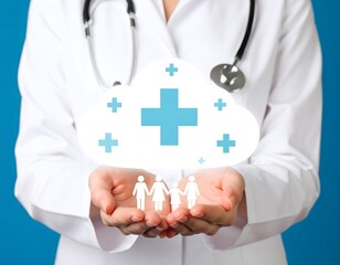 A powerful conceptual image where a doctor's hands are gently shaping a soft, dense cloud of glowing white first aid kit icons.
