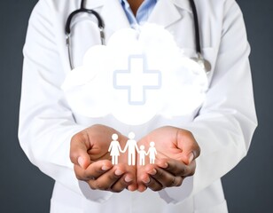A powerful conceptual image where a doctor's hands are gently shaping a soft, dense cloud of glowing white first aid kit icons.