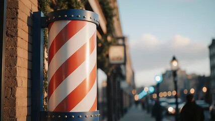 Red and white striped barber pole outside a brick building on a city street