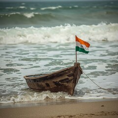 Indian Flag Raised on Old Fishing Boat at Shoreline With Ocean Waves Crashing Behind