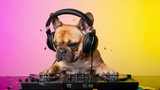 French Bulldog Wearing Headphones Playing DJ Equipment Against Pink And Yellow Gradient Background