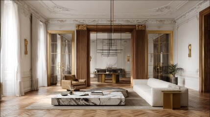 Ornate room features hardwood floors, tall windows, and modern furniture design