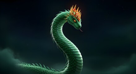 Fototapeta premium Crown of the Serpent King: Regal Green Cobra Adorned with a Golden Crown