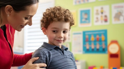 Obraz premium Smiling Boy and Caring Woman in a Vibrant Classroom