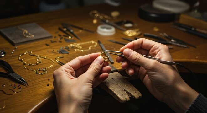 Detailed craftsmanship jeweler creating handmade gold jewelry on a workbench