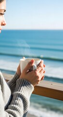 Woman Enjoying Coffee by Coastal View