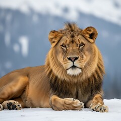 Obraz premium Majestic lion resting on a snowy landscape.