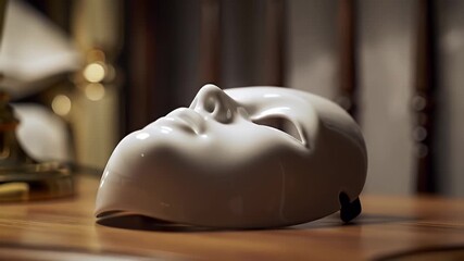 White porcelain mask lies on a glossy wooden surface, lit softly - Powered by Adobe
