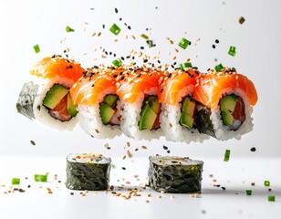 Delicious Salmon Sushi Roll with Avocado and Flying Toppings