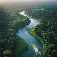 Verdant forest river winding through lush green landscape