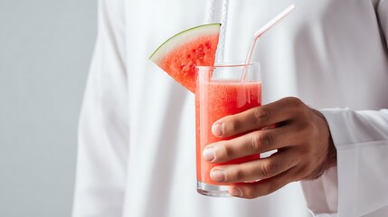 Close Up of a Arabian Man Hands Offering a Fresh Watermelon Juice &ndash; Suitable for Be Used in Blog Posts, Social Media Posts and Website Content Related to Summer, Foods and Beverages Theme.