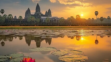 Angkor Wat Temple at Sunrise with Lotus Flowers and Reflections, Cambodia Heritage Site Scenery