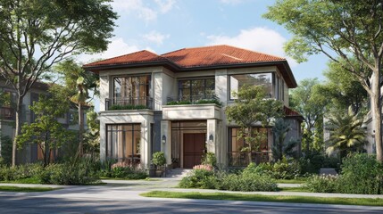 Two-story residential house with a red-tiled roof, surrounded by lush greenery and a well-maintained garden.