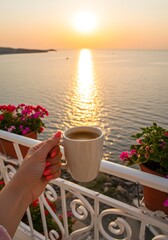 Female Hand Holding Coffee Cup by the Sea
