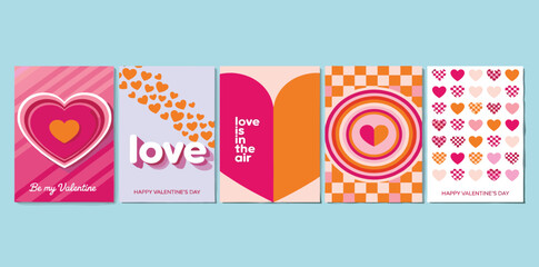 Creative concept of Happy Valentines Day cards set. Modern abstract art design with hearts and geometric shapes. 