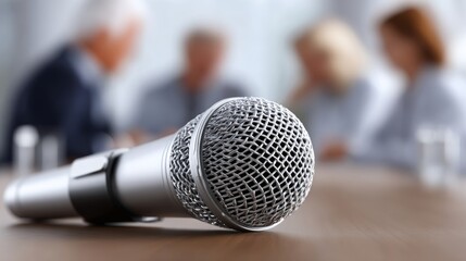 A microphone placed on a table in a meeting room where people are having a discussion in the background.