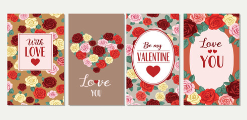 Creative concept of Happy Valentines Day cards set. Modern art design with roses, hearts and modern typography. 