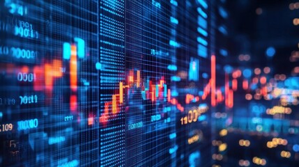 Fototapeta premium A digital stock market graph with blue and red lines against a dark background, representing financial data.