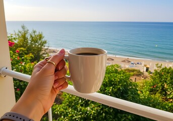 Coffee Mug and Ocean View Balcony Scene
