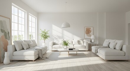 Fototapeta premium Bright Living Room Interior with White Sofas, Plants, and Natural Light