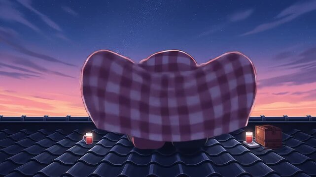 Couple Watching Starry Night Sky Wrapped In Red Plaid Blanket From Rooftop at Sunset