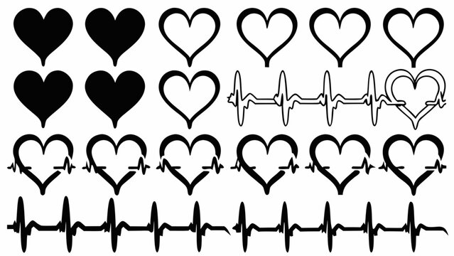 Collection of heart shapes and heartbeat lines in black and white vector illustration design art silhouette