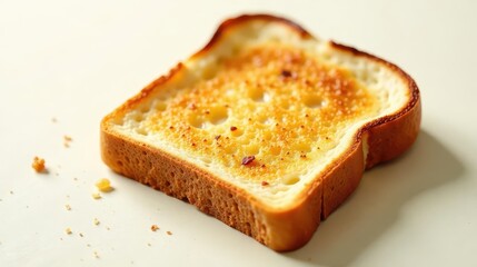 A perfectly toasted slice of bread with a golden-brown crust and a fluffy interior, resting on a pristine white surface, crumbs scattered nearby.