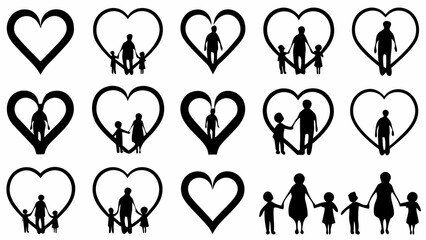 Black and white silhouettes of families and individuals inside heart shapes arranged in a grid pattern