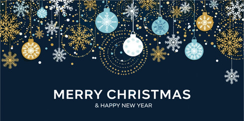 Merry Christmas and Happy New Year background, greeting card, poster, holiday cover. Design template with border made of beautiful snowflakes in modern flat line art style