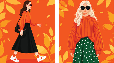 Modern design set of Fall poster, cover, card with beautiful girl fashionista in oversized sweater and midi skirt, trendy pattern with leaves and abstract shapes.