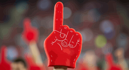 Enthusiastic sports fan raising foam finger in a stadium atmosphere