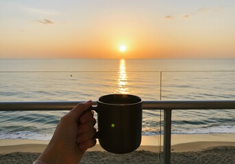 Woman’s Hand Holding Coffee by the Ocean