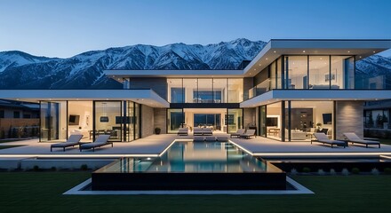 Fototapeta premium Luxury mountain residence with a modern architectural design and stunning pool area