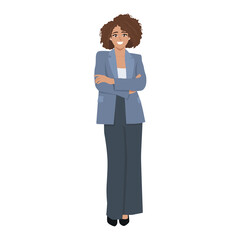 Businesswoman with curly hair stands confidently with arms crossed. Flat Vector character illustration