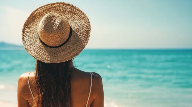 A woman wearing a straw hat, standing on a beach with the ocean in the background.