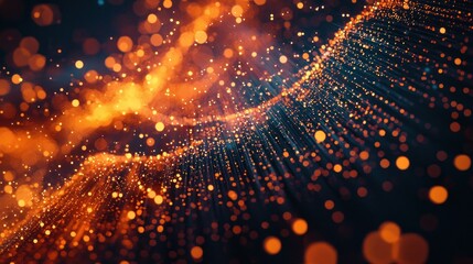 A vibrant, abstract digital artwork featuring a dynamic wave of orange and gold particles against a dark, almost black background.