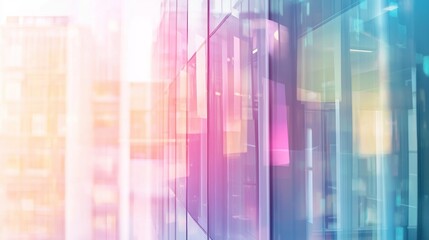 Glass windows with a colorful reflection of a city skyline.