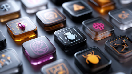 Malware prevention antivirus device. 3D shield icon pack for malware scanning tool alerts.
