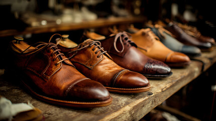 Handmade leather shoes showcased on a wooden surface, highlighting detailed craftsmanship with warm lighting.