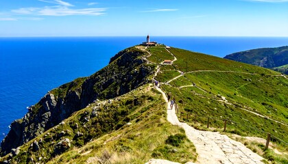 Coastal hiking trail, lighthouse on a cliff